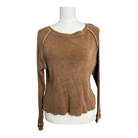 Altar'd State Thermal Waffle Knit Blouse Shirt Top Medium Brown Distressed - Picture 1 of 5